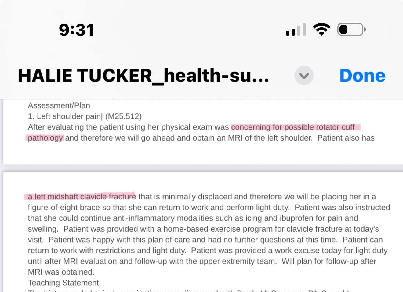 Screencap of a medical report for Halie Tucker, with the following parts highlighted: “concerning for possible rotator cuff pathology” and “a left midshaft clavicle fracture”.